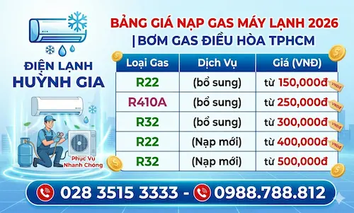 Bảng Giá Nạp Gas Máy Lạnh 2026 | Bơm Gas Điều Hòa TPHCM